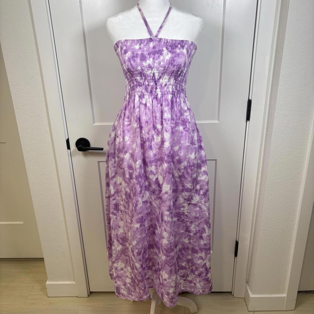 Faithfull The Brand Smocked Linen Dress purple Halter Size 4 Resort Wear Beachy